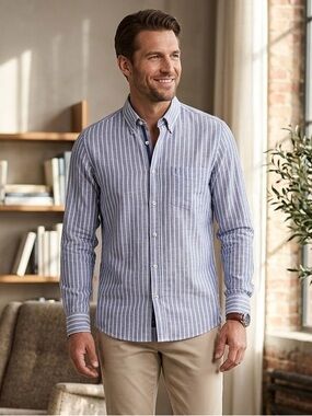 Bugatti Linen Cotton Stripe Shirt Blue Robin 9352 Button Down Size S